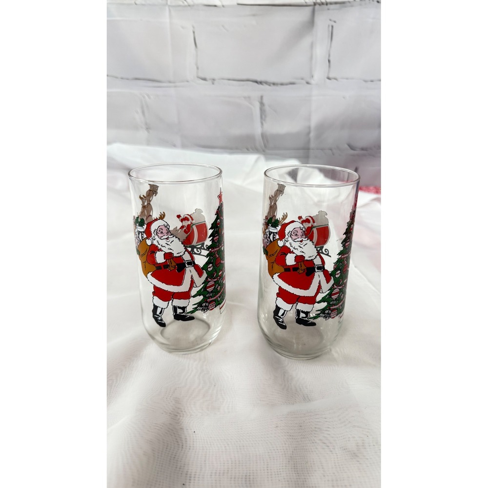 Vintage Christmas Santa Claus Reindeer Tree Drinking Glasses Set of 2 Tumblers